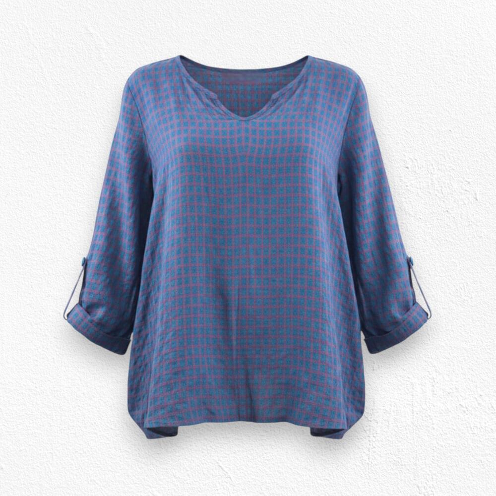 Y2K Vintage FLAX Teal Purple Linen Plaid Tunic Top Oversized Blouse Size XL